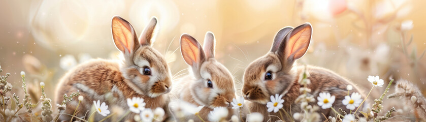 Obraz premium Three adorable bunnies nestled among flowers in a soft, dreamy outdoor setting with warm lighting and blurred background, representing springtime.