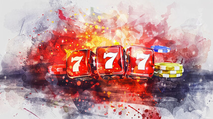 A painting of three red dice with the numbers 7 on them and a pile of chips