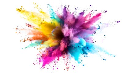 Fototapeta premium Explosion yellow pink blue purple powder, creative abstract white background