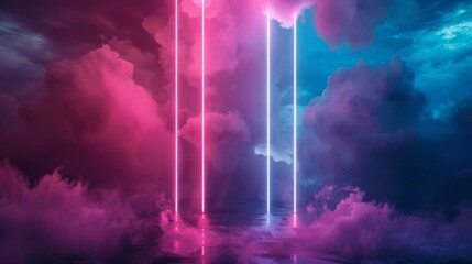 Obraz premium abstract minimal background, pink blue neon glowing vertical lines with copy space, illuminated stormy clouds, glowing geometric shape