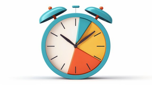 Clock with pie chart segments, flat design, dividing time for tasks, analytical