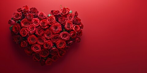 Roses arranged in heart shape on deep red solid color background with copy space 
