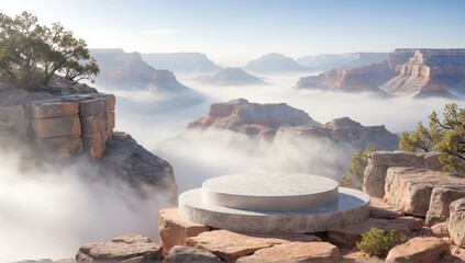 Fototapeta premium marble podium for product presentation and display against a stunning backdrop of a thousand mountains and a sea of ​​clouds.