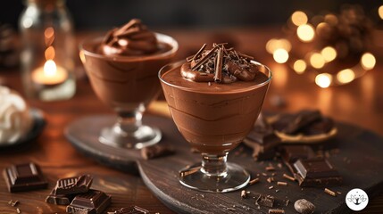 Silky chocolate mousse in glass cups, garnished with chocolate shavings, displayed on a dark wooden table with a candlelit ambiance 