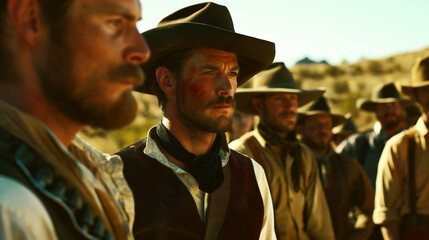 Fototapeta premium A group of men in Old West attire, wearing cowboy hats and vests, stand in a dusty outdoor setting, with a sense of tension or anticipation.