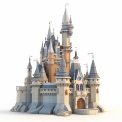 3D Render, Low Poly style of a majestic fairy tale castle with turrets and spires, on isolated white background, Generative AI