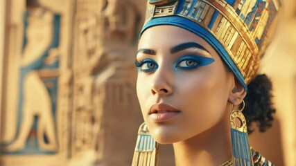 Portrait of a beautiful woman in traditional Egyptian clothing in an ancient Egyptian temple.
