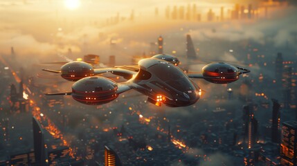Futuristic Drone Hovering Over City at Sunrise. Futuristic drone hovering over a city at sunrise, highlighting its advanced design and the vibrant, glowing cityscape below.