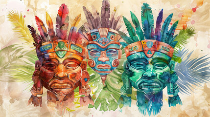 Three faces with feathers on their heads