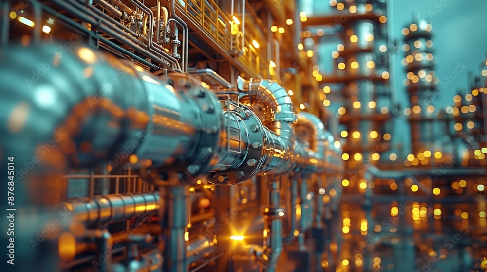 Poster industrial pipeline system with golden lights. close-up of an industrial pipeline system illuminated