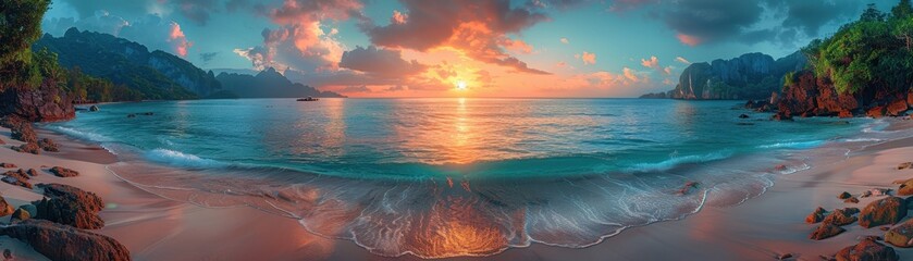 Obraz premium Stunning tropical beach sunset with vibrant colors reflecting on the calm ocean waves, surrounded by lush greenery and mountains.