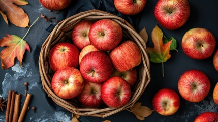 Autumn Harvest Basket of Red Apples with Leaves and Cinnamon Sticks