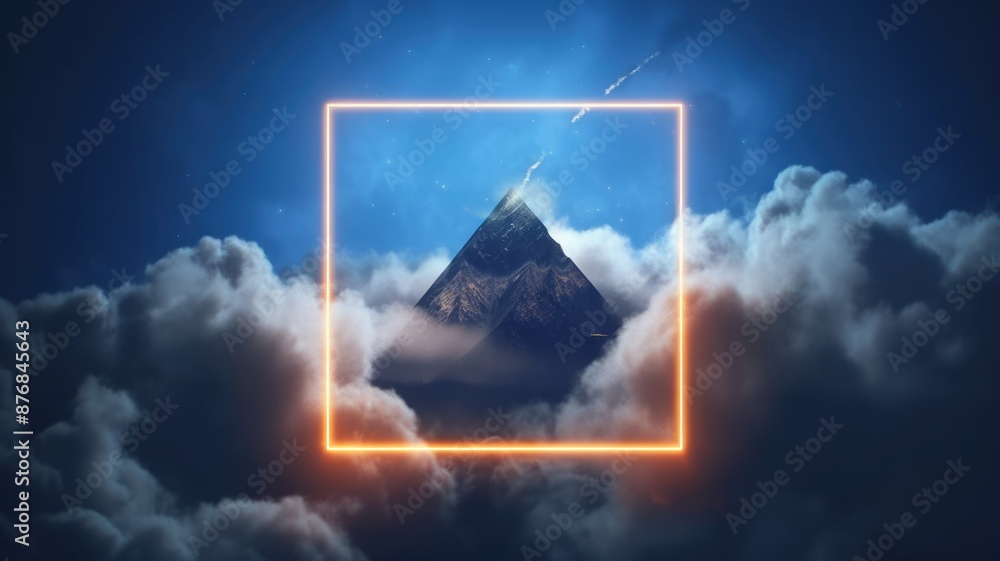 Poster abstract picture of geometric shape portal or frame with colorful light set against in dark blue ton