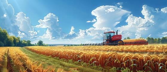 Fototapeta premium Automated farming equipment in vast fields with farmer overseeing, digital illustration, hightech