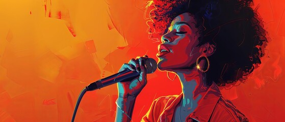 African American woman with microphone on stage, performance art, casual outfit , rule of thirds composition shot, eco illustration in vector vivid