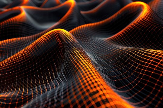 Abstract black and orange background with a 3D grid effect