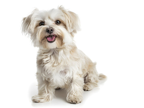 Adorable white Shih Tzu puppy with long fur sits in a studio portrait