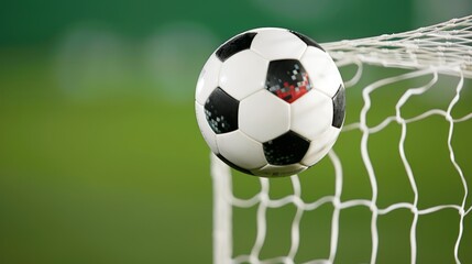 Obraz premium Detailed photo of a soccer ball in mid-air just before hitting the net, green field behind, sharp focus on the ball and net, focus cover all object, deep dept of field