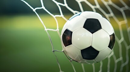 Fototapeta premium Detailed photo of a soccer ball in mid-air just before hitting the net, green field behind, sharp focus on the ball and net, focus cover all object, deep dept of field