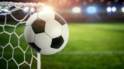 Fototapeta premium Detailed photo of a soccer ball in mid-air just before hitting the net, green field behind, sharp focus on the ball and net, focus cover all object, deep dept of field
