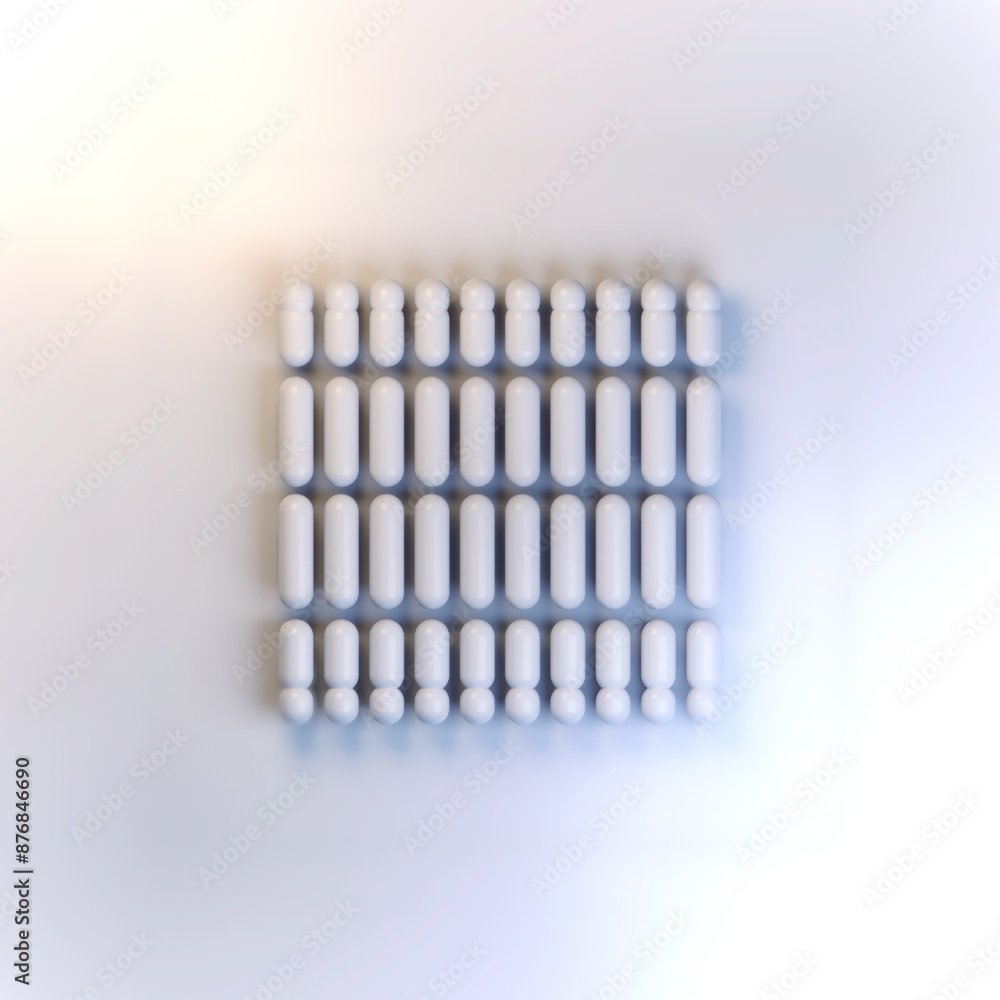 Poster Digital illustration of a group of white capsules arranged in a square on a white background. 3d rendering