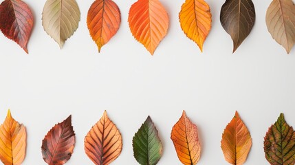 Fototapeta premium Diverse autumnal leaves arranged as a border, white background, crisp details and vivid autumn colors, high resolution, focus cover all object, deep dept of field