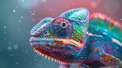 Fototapeta premium Colorful chameleon in a vibrant, close-up shot showcasing its unique scales and textures under soft lighting with blurred background.