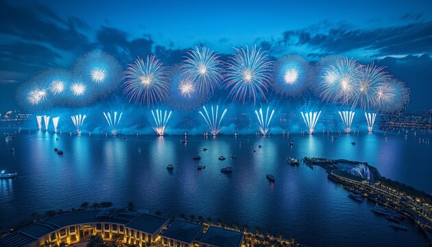 This breathtaking image depicts a vibrant and synchronized fireworks display over a waterfront at night, illuminating the sky and reflecting on the water, creating a stunning visual feast.