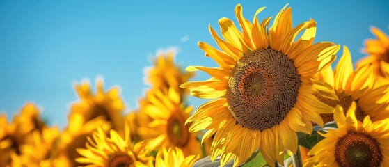 Fototapeta premium Close-Up of Sunflowers in a Field with Clear Blue Sky, Perfect for Summer Themes