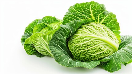 Fresh green cabbage with crisp leaves on a white background