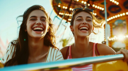 Obraz premium Two joyful young women laughing on a carnival ride with bright lights and a carousel in the background on a sunny day.