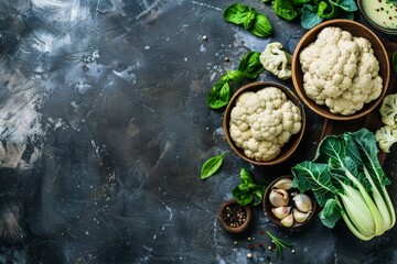 Fresh whole organic white cauliflower on dark stone vintage background table, ready to be cooked, top view with copy space. Vegetarian food, clean eating concept .