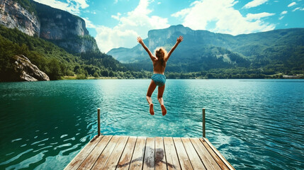 Person jumping off a wooden dock into a clear lake surrounded by lush green mountains under a blue sky with clouds.