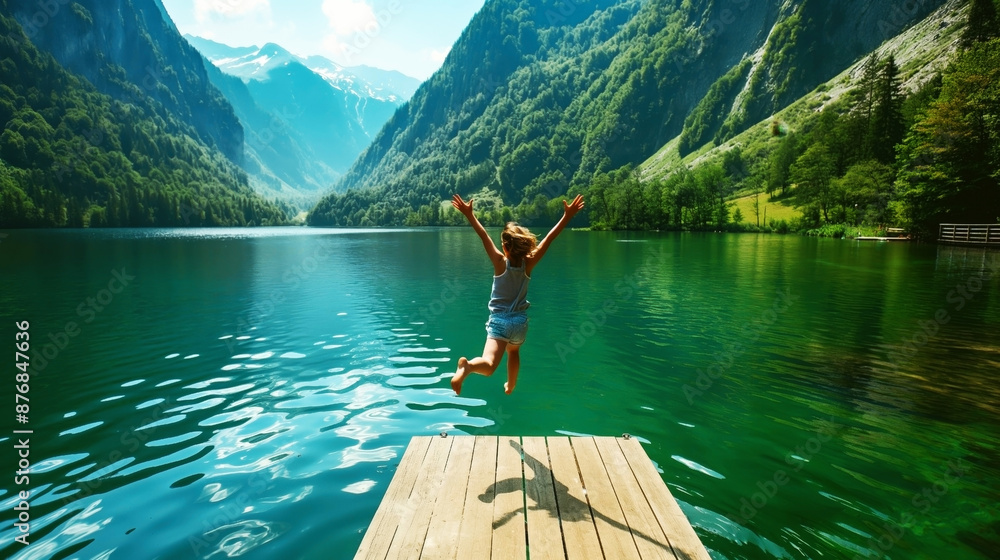 Wall mural A joyful person is jumping off a wooden dock into a serene lake surrounded by mountains and lush forests on a sunny day.