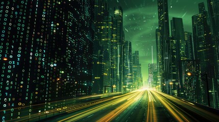 abstract highway path through digital binary towers in city