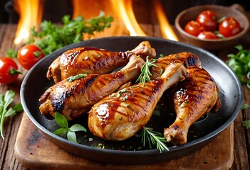 Fototapeta premium Spicy grilled chicken legs or drumsticks with herbs, spices and vegetables