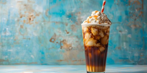 Savor the Timeless Delight of a Root Beer Float in a Tall Glass with a Striped Straw. Concept Root Beer Float, Classic Treats, Summer Drinks, Refreshing Beverages