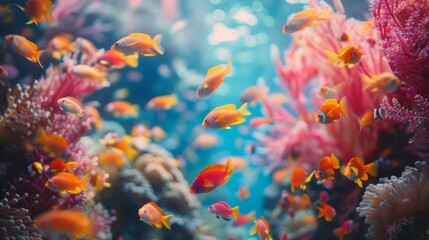 Naklejka premium Colorful underwater scene with vibrant fish and coral reefs in a clear aquatic environment showcasing marine biodiversity and beauty.