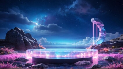 Empty product display marble podium with mountains background and milky way galaxy starry night sky view.