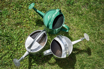 Collection of three watering cans filled with water in the garden in summer