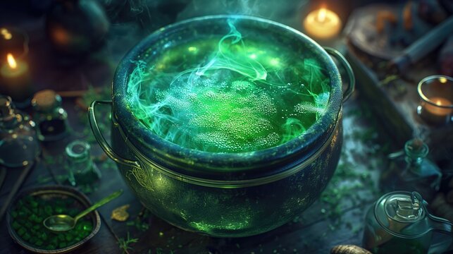 Mystical Green Potion in Black Cauldron with Candles and Leaves, Perfect for Halloween