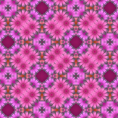 Symmetrical repeating pattern of pink flowers with a darker center and purple outline. 3d rendering digital illustration