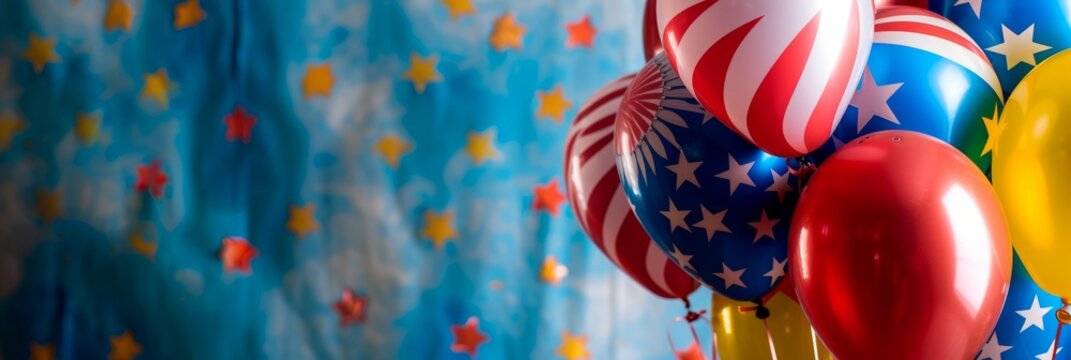 Independence Day of Malaysia. Hari Merdeka Day celebration. Balloons in colors of Malaysian flag on a blue background. Horizontal banner. Free space for text, copy space - Powered by Adobe