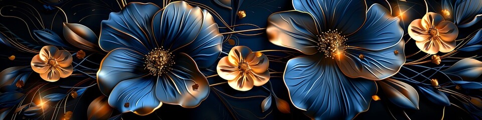 Luxury dark background with intricate floral design, blue and golden flowers, elegant 3D wallpaper illustration.