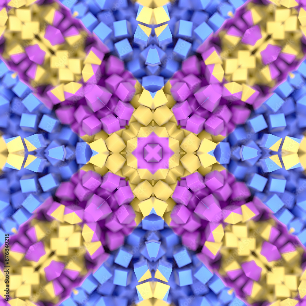 Fototapete Digital illustration featuring a symmetrical kaleidoscopic pattern of small multicolored cubes. 3d rendering