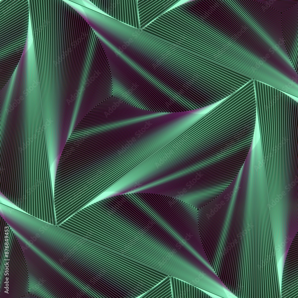 Poster Digital illustration of a geometric pattern of purple triangles with colored waves. 3d rendering