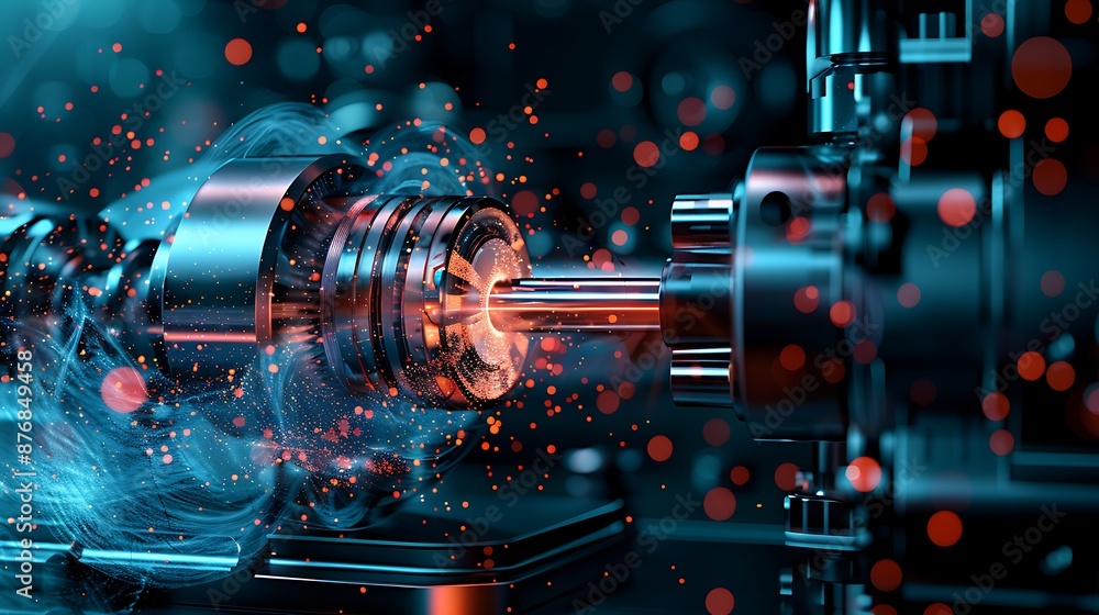 Poster a close-up of an advanced metal lathe machine in action, surrounded by glowing light particles and s