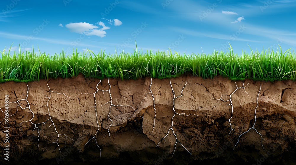 Poster an illustration of the underground layers in an environment, with soil and grass at different height