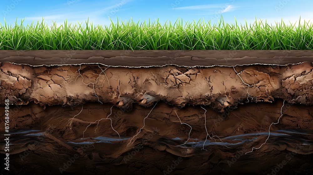 Poster an illustration of the underground layers in an environment, with soil and grass at different height