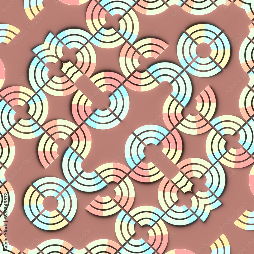 Poster Digital illustration of a symmetrical pattern of interconnected rings and lines. 3d rendering